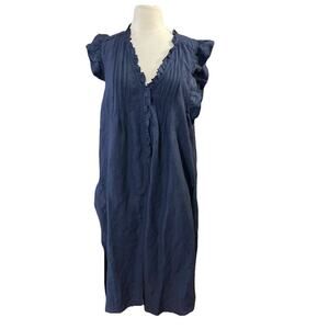 Anthropologie‎ Women’s Long Tunic Sz LP New Linen Blend Navy Ruffle Coverup $120